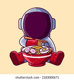 Cute Astronaut Eating Ramen Cartoon Vector Illustration. Cartoon Style Icon or Mascot Character Vector.