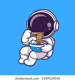 Cute Astronaut Eating Ramen Noodle In Space Cartoon Vector Icon Illustration Science Food Icon Concept Isolated Premium Vector. Flat Cartoon Style