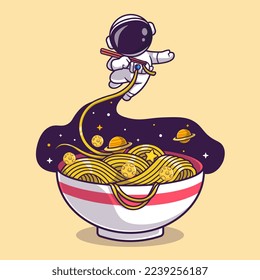 Cute Astronaut Eating Ramen Noodle Space Cartoon Vector Icon Illustration. Science Food Icon Concept Isolated Premium Vector. Flat Cartoon Style