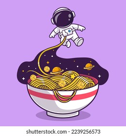 Cute Astronaut Eating Ramen Noodle Space Cartoon Vector Icon Illustration. Science Food Icon Concept Isolated Premium Vector. Flat Cartoon Style