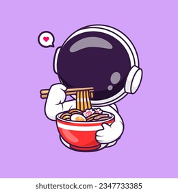 Cute Astronaut Eating Ramen Noodle Cartoon Vector Icon Illustration. Science Food Icon Concept Isolated Premium Vector. Flat Cartoon Style