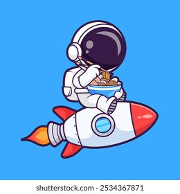 Lindo astronauta comiendo fideos de ramen con palillo encendido 
Ilustración de icono de Vector de dibujos animados de cohete. Icono de comida de Ciencia 
Concepto Vector Premium aislado. Estilo plano de la historieta 