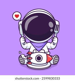Cute Astronaut Eating Rocket Cartoon Vector Icon Illustration. Science Technology Icon Concept Isolated Premium Vector. Flat Cartoon Style