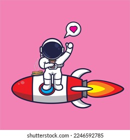 cute astronaut eating sandwich and holding coffe on the rocket,vector cartoon illustration.science and food icon conpept.suitable for background,icon,sicker,etc