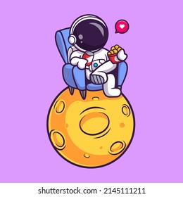 Astronauta Astronauta Comer Aperitivos En La Ilustración Del Icono Del Vector De Caricaturas De La Luna. Vector Premium Aislado De Concepto De Icono De Comida De Ciencia. Estilo de dibujo plano