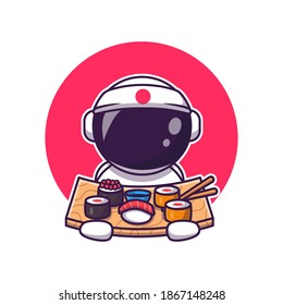 Cute Astronaut Eating Sushi Cartoon Vector Icon Illustration. Science Food Icon Concept Isolated Premium Vector. Flat Cartoon Style