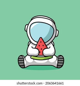 Cute Astronaut Eating Watermelon Cartoon Vector Icon Illustration. Science Food Icon Concept Isolated Premium Vector. Flat Cartoon Style