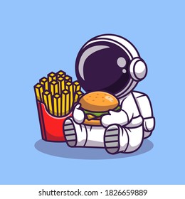 Cute Astronaut Eats Burger With French Fries Cartoon Vector Icon Illustration. Science Food Icon Concept Isolated Premium Vector. Flat Cartoon Style