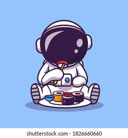 Cute Astronaut Eats Sushi Cartoon Vector Icon Illustration. Science Food Icon Concept Isolated Premium Vector. Flat Cartoon Style