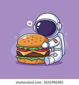 Cute Astronaut Embracing a Giant Burger in Space vector illustration	
