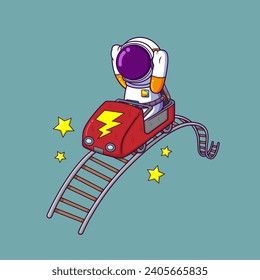 Cute Astronaut enjoy roller coaster ride screaming and having fun. Science Technology Icon Concept of illustration
