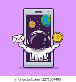 Cute Astronaut With Envelope Mail And Gold Coin In Phone Space Cartoon Vector Icon Illustration. Science Technology Icon Concept Isolated Premium Vector. Flat Cartoon Style