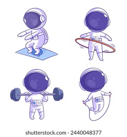 Cute astronaut exercising, cartoon style set