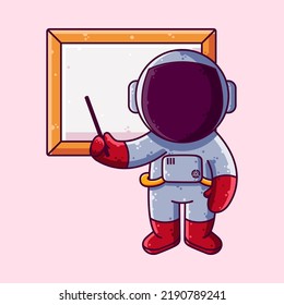 Cute Astronaut erklärt mit Board Cartoon Vektorgrafik. Cartoon Style Icon oder Mascot Character Vector.