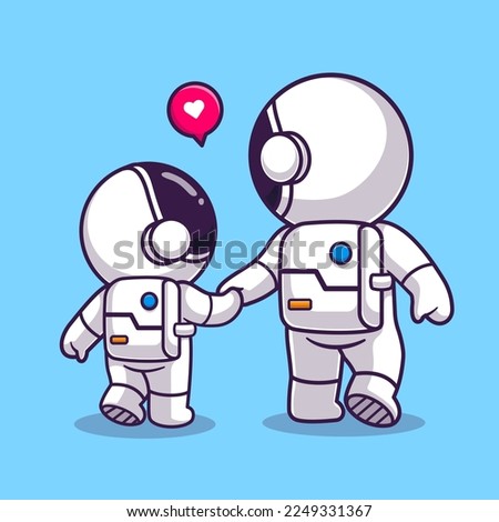 Cute Astronaut Father Walking With Baby Astronaut Cartoon Vector Icon Illustration. Science Technology Icon Concept Isolated Premium Vector. Flat Cartoon Style