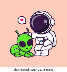 Cute Astronaut Feeding Alien Cartoon Vector Icon Illustration. Science Technology Icon Concept Isolated Premium Vector. Flat Cartoon Style