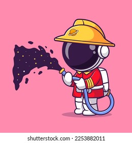 Cute Astronaut Firefighter with Space Water Hose Cartoon Vector Icon Illustration. Science Profession Icon Concept Isolated Premium Vector. Flat Cartoon Style