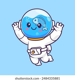 Cute Astronaut With Fish In Helmet Aquarium Cartoon Vector Icon Illustration. Science Animal Icon Concept Isolated Premium Vector. Flat Cartoon Style