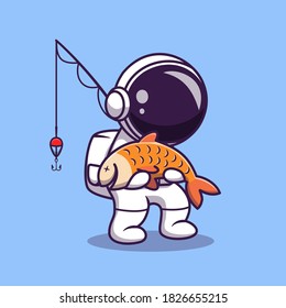 Cute Astronaut Fishing Cartoon Vector Icon Illustration. Science Sport Icon Concept Isolated Premium Vector. Flat Cartoon Style