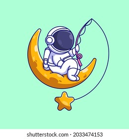 Cute astronaut fishing on moon cartoon