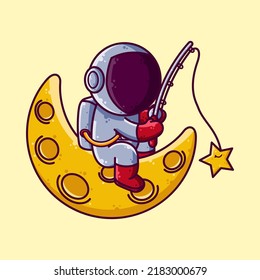 Cute Astronaut Fishing on The Moon Cartoon Vector Illustration. Cartoon Style Icon or Mascot Character Vector.