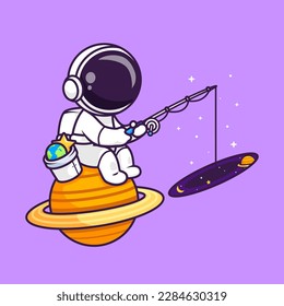 Cute Astronaut Fishing Space On Planet Cartoon Vector Icon Illustration. Science Technology Icon Concept Isolated Premium Vector. Flat Cartoon Style