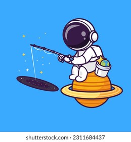 Cute Astronaut Fishing Space On Planet Cartoon Vector Icon Illustration. Science Technology Icon Concept Isolated Premium Vector. Flat Cartoon Style