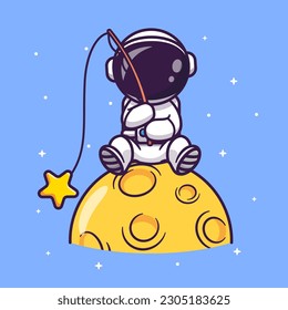 Estrella De La Pesca Astronauta En La Luna Ilustración Del Vector De Caricaturas. Concepto de icono de la tecnología de la ciencia Vector Premium aislado. Estilo de dibujo plano