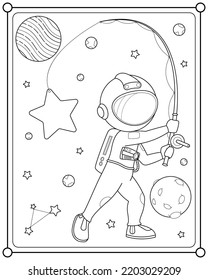 Cute astronaut fishing for stars in space suitable for children's coloring page vector illustration