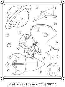 Cute astronaut fishing for stars in space suitable for children's coloring page vector illustration