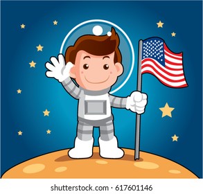 cute astronaut and flag