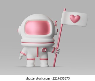 Cute Astronaut mit einer Fahne und einem 3D-Herz. Vektorgrafik im modernen Plastikstil. Eine Raumfrau in einem rosa Helm. Eine Karte für einen Valentinstag oder ein Hochzeitsdesign