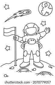 Cute astronaut with flag coloring book illustration vector the Concept of Isolated Technology. Flat Cartoon Style Suitable for Banners, Flyers, Stickers