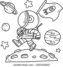 Cute astronaut with flag on planet hand drawn coloring book cartoon isolated on white