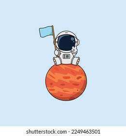 Cute astronaut with flag sitting on planet cartoon, vector illustration