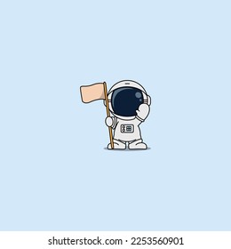 Cute astronaut with flag waving hand cartoon, vector illustration