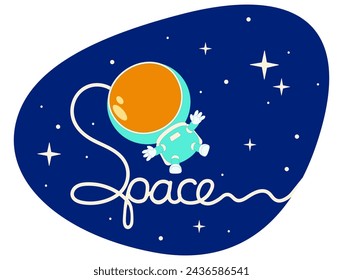 Cute astronaut flies in deep space. Cartoon vector illustration on dark blue background with stars. Lettering. 