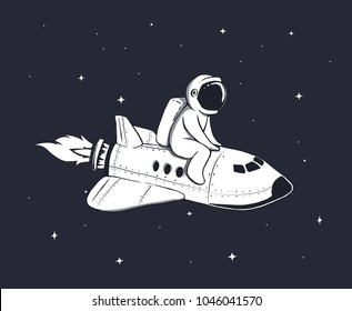 Cute astronaut flies on space shuttle in outer space.Childish vector illustration.Prints design