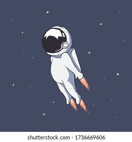 Cute astronaut flies using jet engines on the arms and legs through universe .Hand drawn style.Color version.Vector illustration