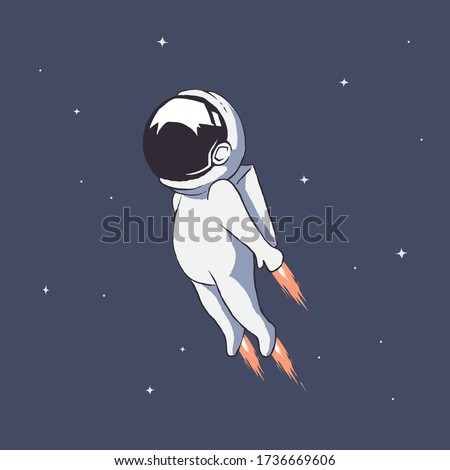 Cute astronaut flies using jet engines on the arms and legs through universe .Hand drawn style.Color version.Vector illustration