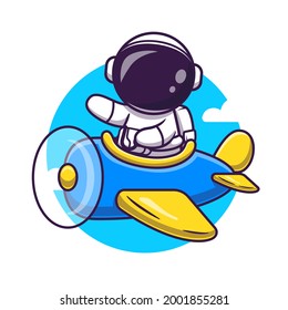 Cute Astronaut Flight With Plane Cartoon Vector Icon Illustration. Science Transportation Icon Concept Isolated Premium Vector. Flat Cartoon Style