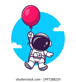 Cute Astronaut Floating mit Ballon Cartoon Vektorsymbol Illustration. Science Technology Icon Konzept isolierter Premium-Vektorgrafik. Flachbildkartonstil