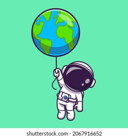 Cute Astronaut Floating With Earth World Balloon Cartoon Vector Icon Illustration. Science Technology Icon Concept Isolated Premium Vector. Flat Cartoon Style