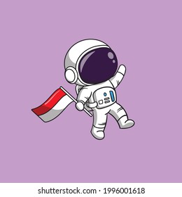 Cute Astronaut Floating With flag On Space Cartoon Vector Icon Illustration. Flat Cartoon Style Suitable for Web Landing Page, Banner, Flyer, Sticker, Card