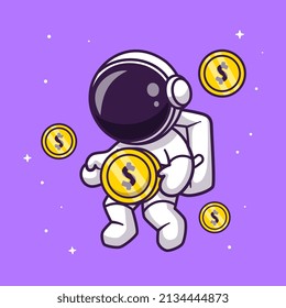 Cute Astronaut Floating With Gold Coin Cartoon Vector Icon Illustration. Science Finance Icon Concept Isolated Premium Vector. Flat Cartoon Style