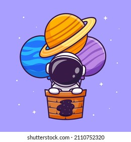 Cute Astronaut Floating With Hot Air Balloon Planet Cartoon Vector Icon Illustration. Science Technology Icon Concept Isolated Premium Vector. Flat Cartoon Style