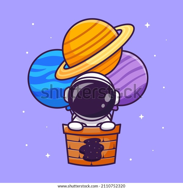 Cute Astronaut Floating With\
Hot Air Balloon Planet Cartoon Vector Icon Illustration. Science\
Technology Icon Concept Isolated Premium Vector. Flat Cartoon\
Style