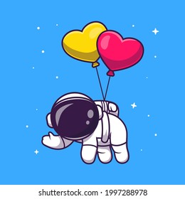 Cute Astronaut Floating mit Love Balloon Cartoon Vektorsymbol Illustration. Science Technology Icon Konzept isolierter Premium-Vektorgrafik. Flacher Cartoon-Stil.