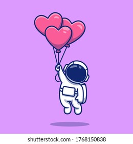 Cute Astronaut Floating With Love Balloons Cartoon Vector Icon Illustration. Space Icon Concept Isolated Premium Vector. Flat Cartoon Style 