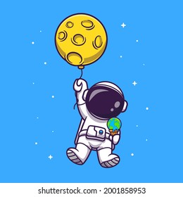 Cute Astronaut Floating With Moon Balloon And Earth Ice Cream Cartoon Vector Icon Illustration. Science Technology Icon Concept Isolated Premium Vector. Flat Cartoon Style